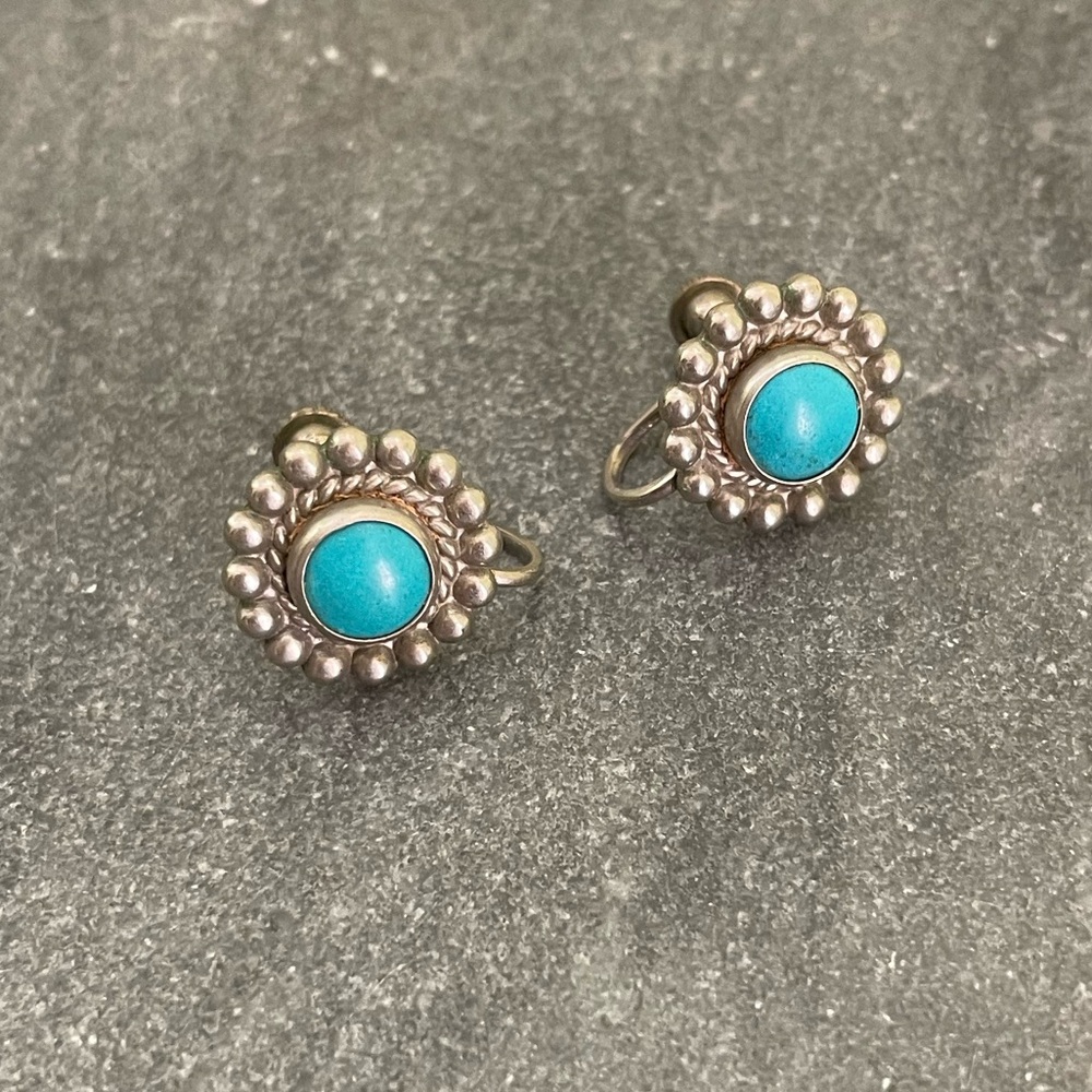 Vintage Turquoise and Silver Floral Cluster Earrings